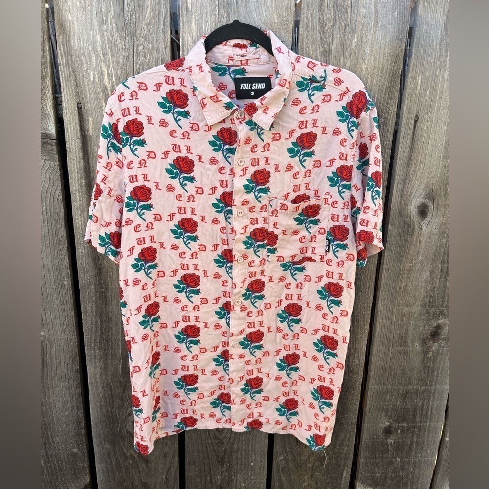 Men's Full Send Button-Down Shirt Multicolor Roses Spell-Out‎ XL Street Art City